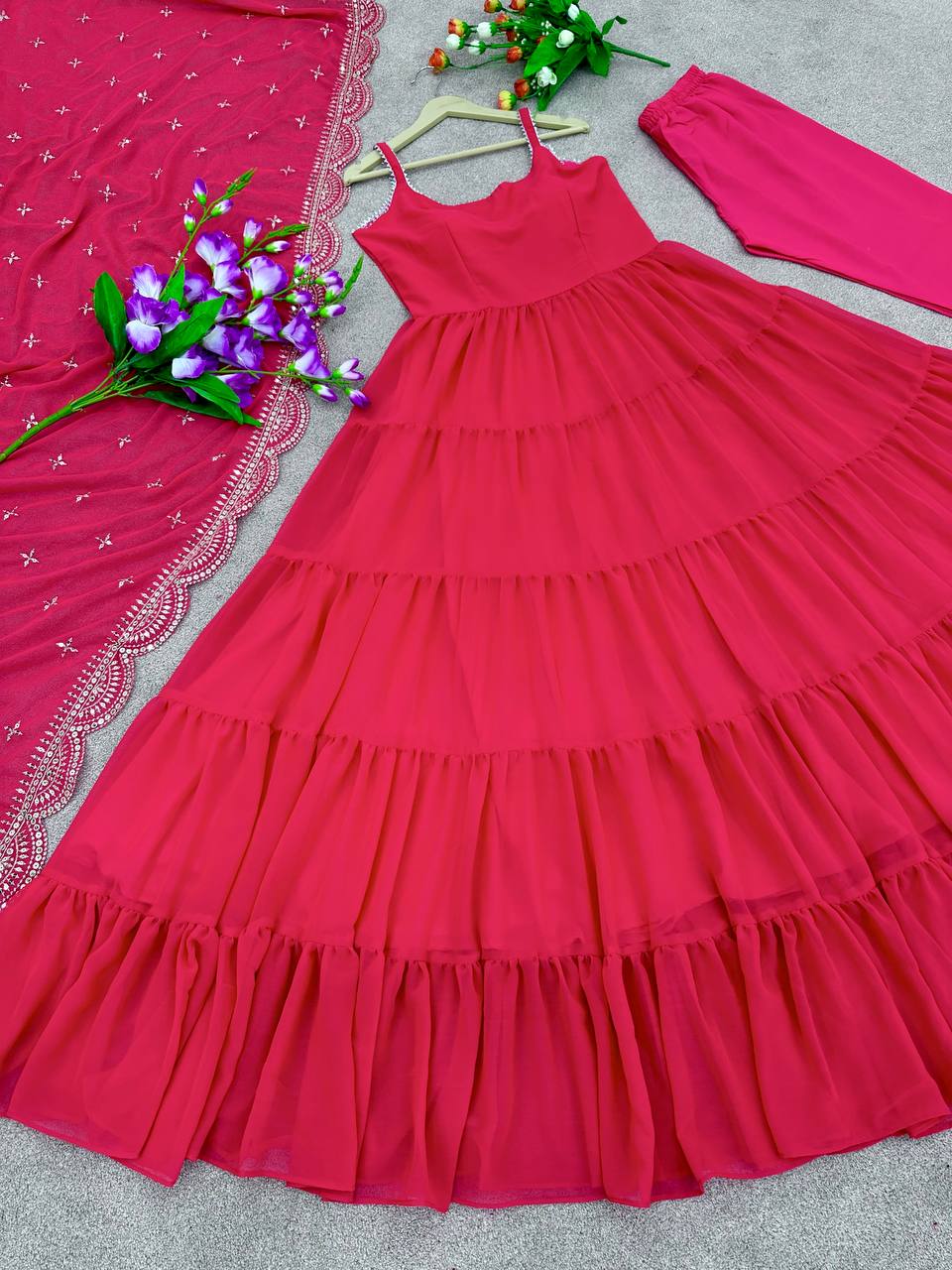 Beautiful Pink Color Ruffle Flair Anarkali Gown