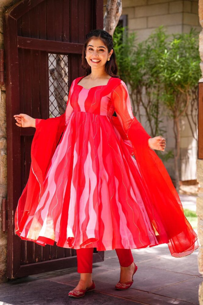 Digital Print With Ribbon Work Red Color Anarkali Gown