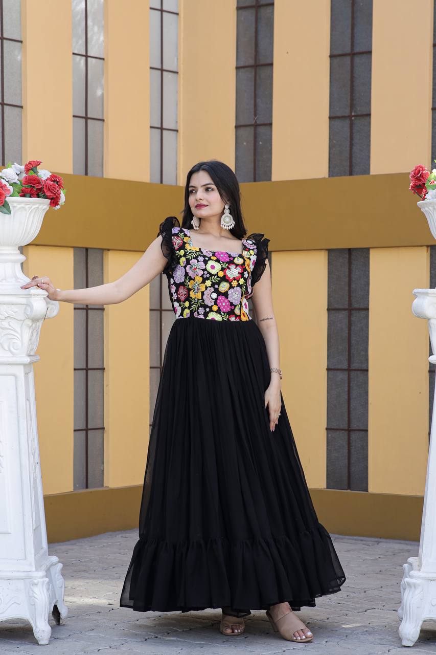 Party Wear Black Color Embroidered work Gown
