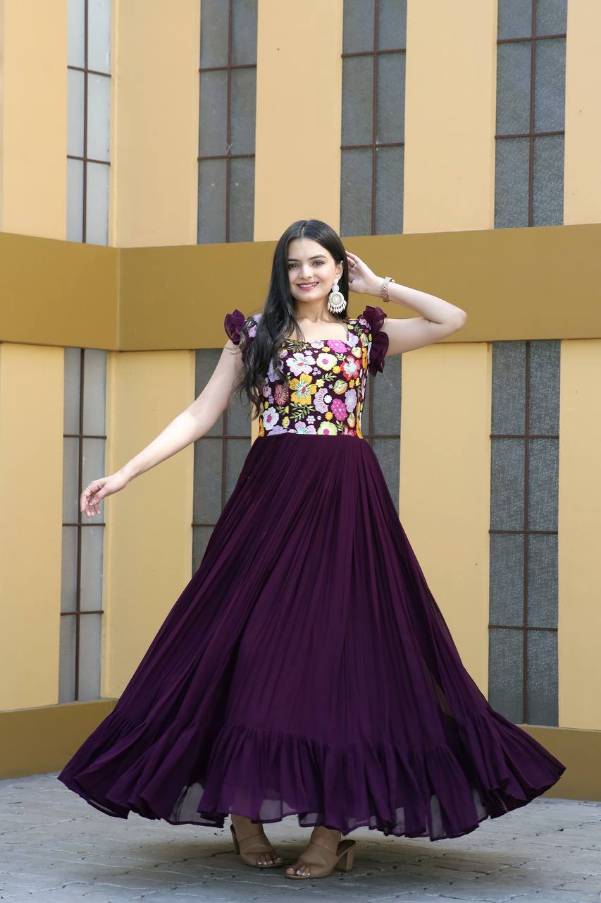 Party Wear Wine Color Embroidered work Gown
