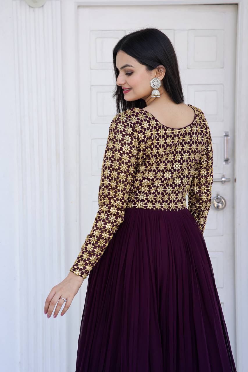 Beautiful Neck pattern Wine Sequence Work Gown
