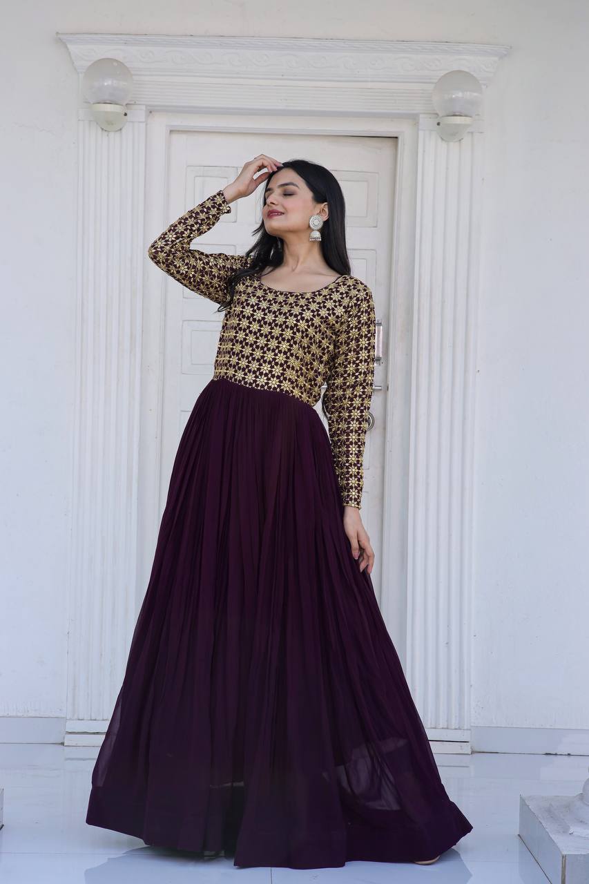 Beautiful Neck pattern Wine Sequence Work Gown