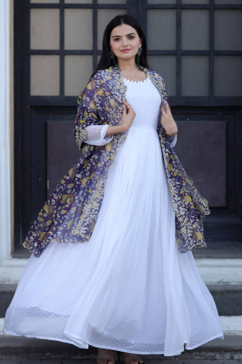 Pretty White Gown With Purple Organza Dupatta