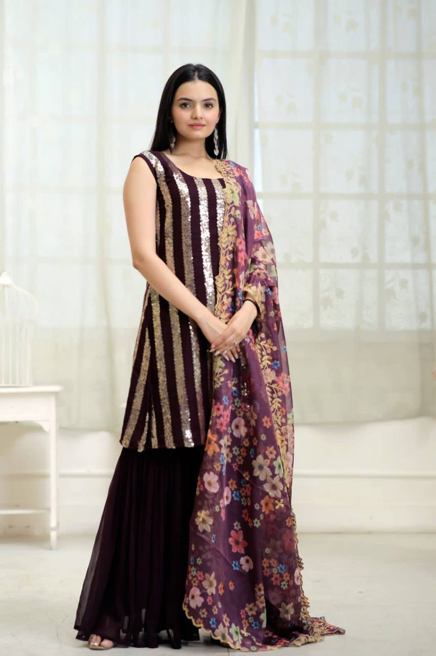 Wonderful Wine Color Embroidery Work Sharara Suit