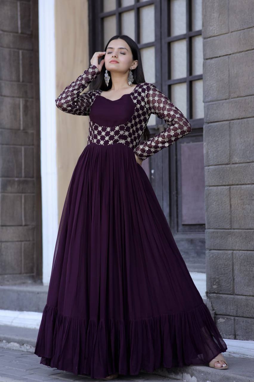 Wedding Wear Wine Color Embroidered Work Gown