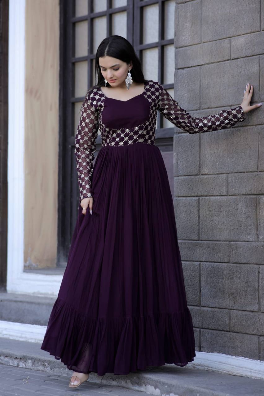 Wedding Wear Wine Color Embroidered Work Gown