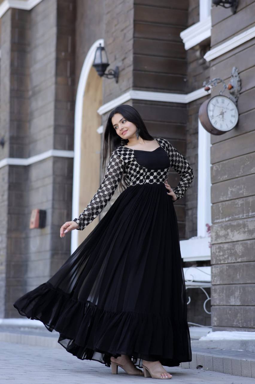 Wedding Wear Black Color Embroidered Work Gown