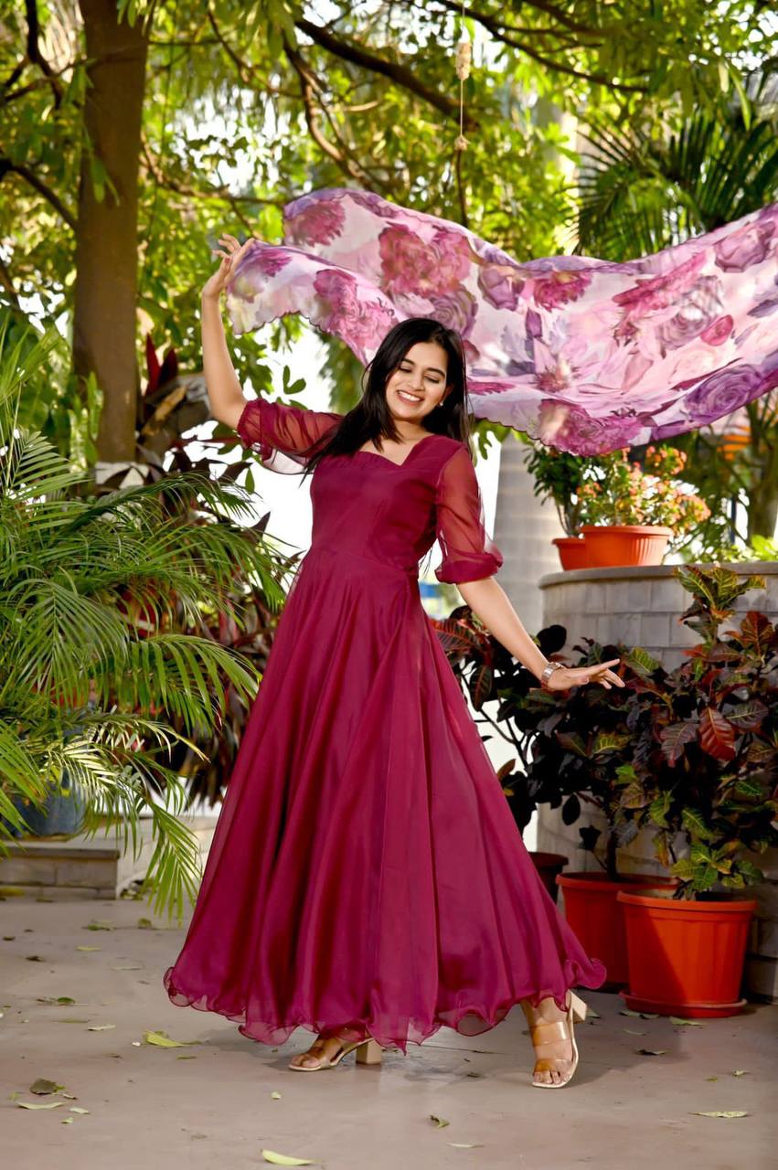 Attractive Wine Color Long Anarkali Gown