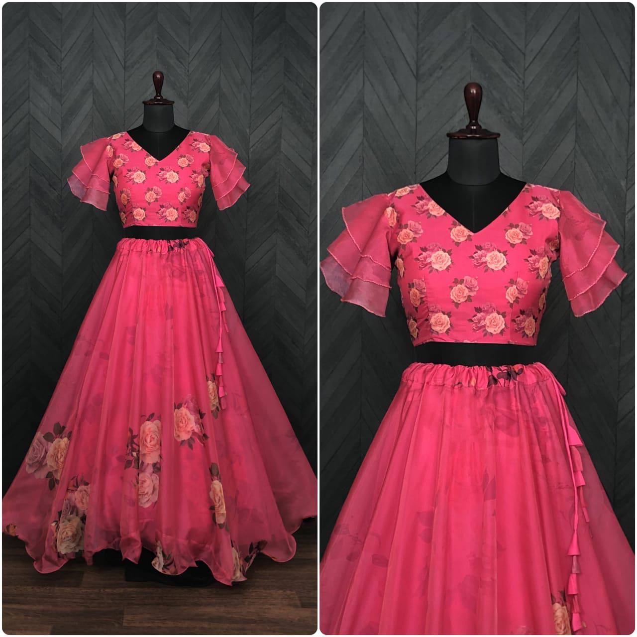 Full-Stitched Flower Print Pink Top With Lehenga