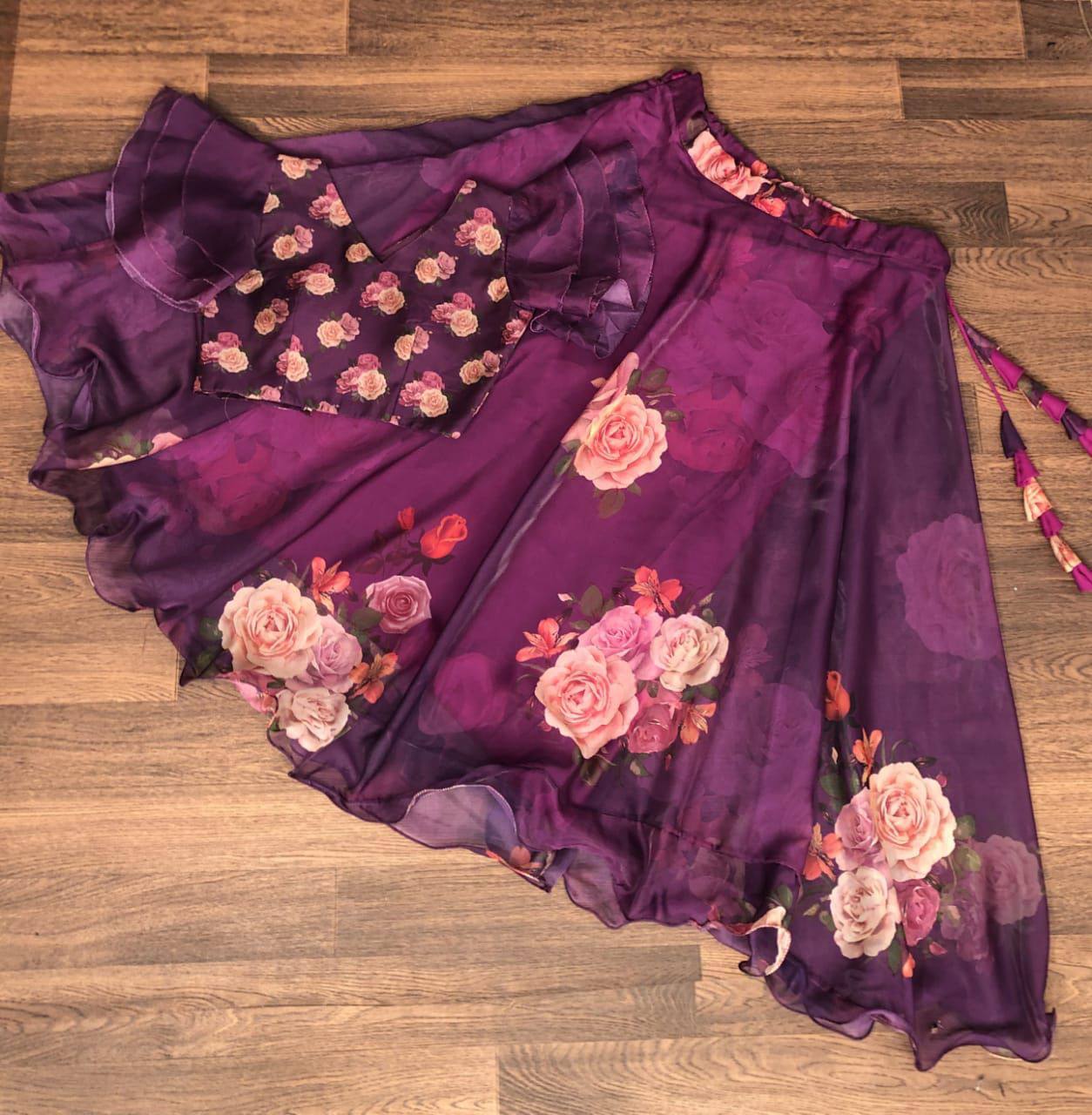 Full-Stitched Flower Print Wine Top With Lehenga
