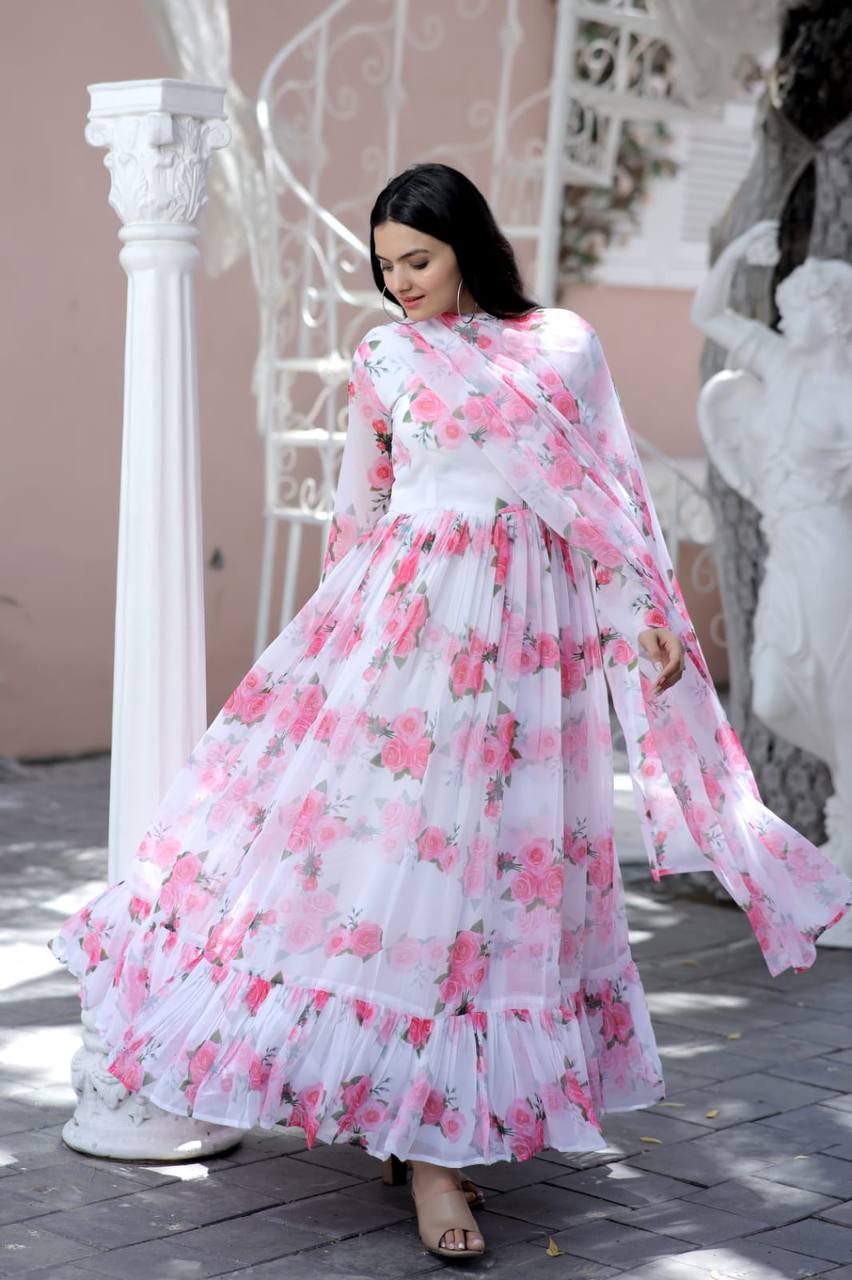 Trendy Full Sleeve White Color Printed Gown