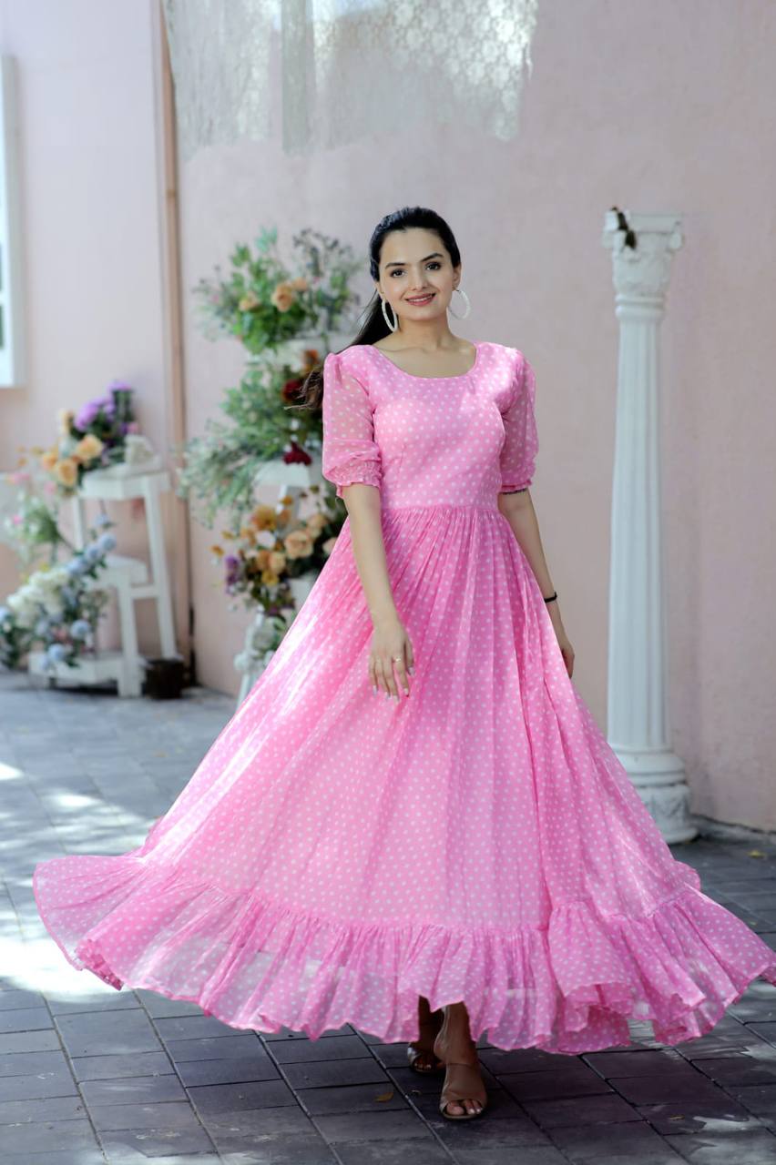Polka Dot Printed Work Light Pink Color Gown