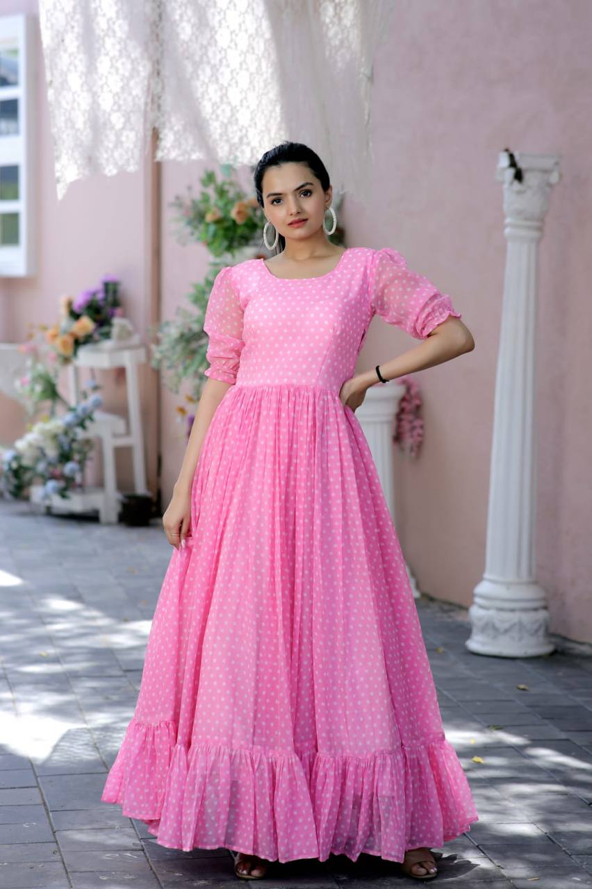 Polka Dot Printed Work Light Pink Color Gown