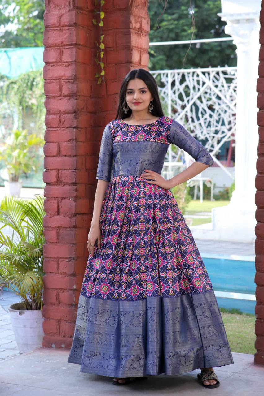 Beautiful Patola Print Blue Color Gown