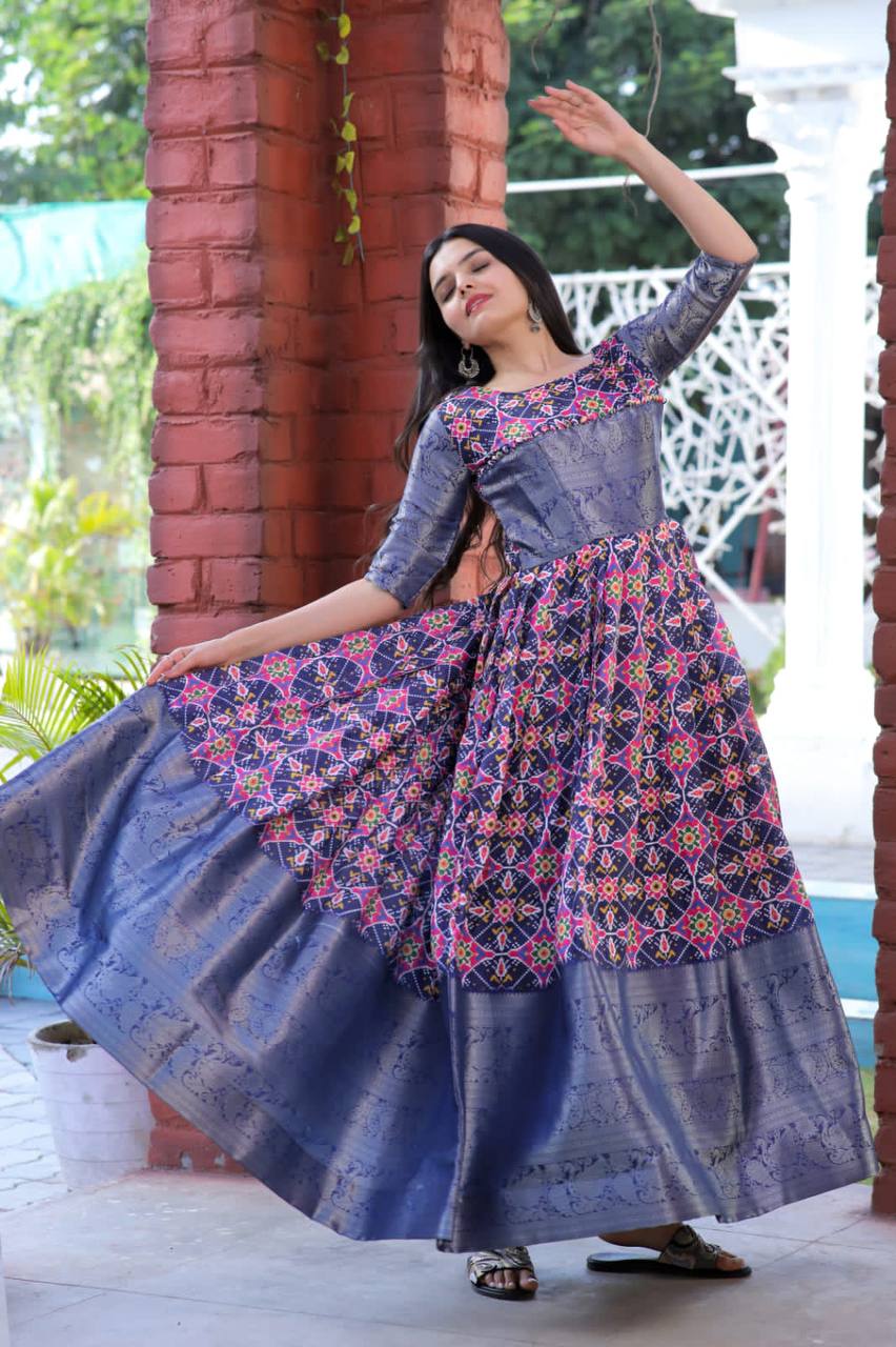 Beautiful Patola Print Blue Color Gown