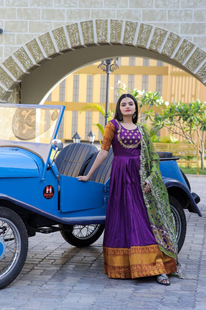 Purple Embroidery Work Gown With Stylish Dupatta