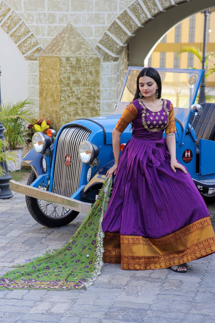 Purple Embroidery Work Gown With Stylish Dupatta