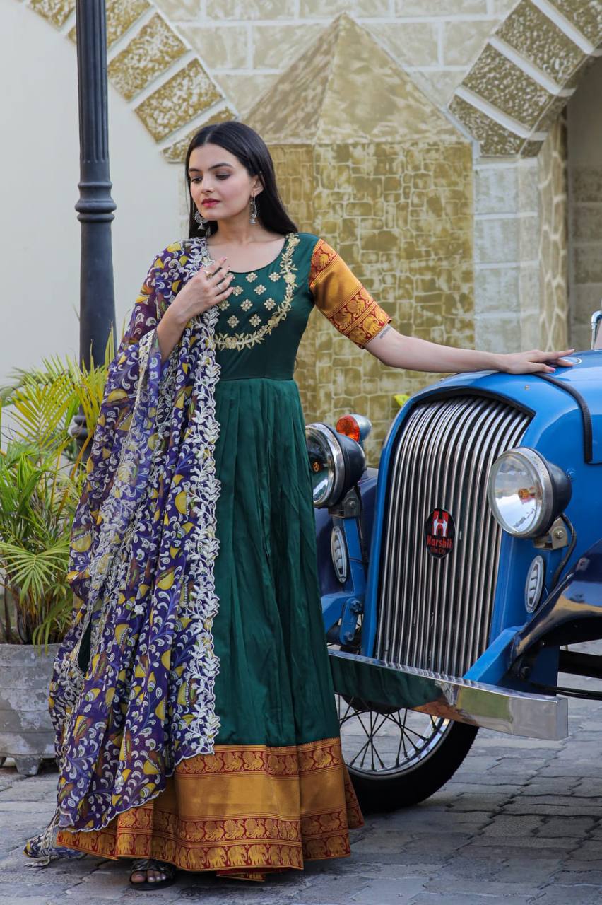 Green Embroidery Work Gown With Stylish Dupatta