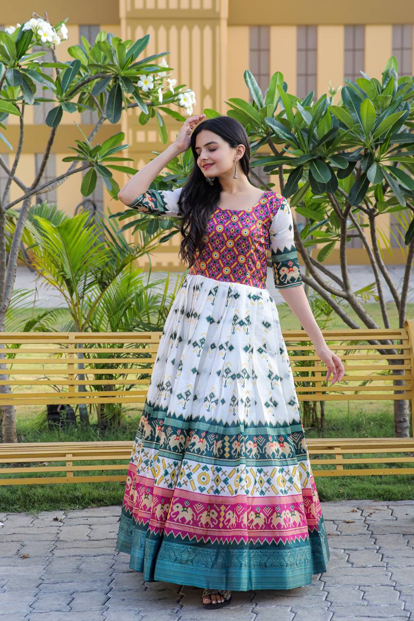 Party Wear White Color Patola Print Gown
