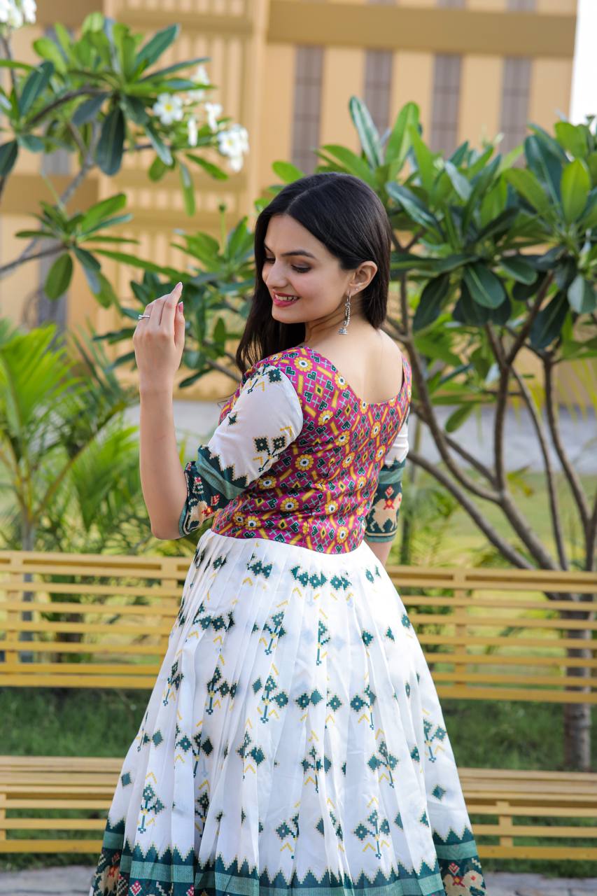 Party Wear White Color Patola Print Gown