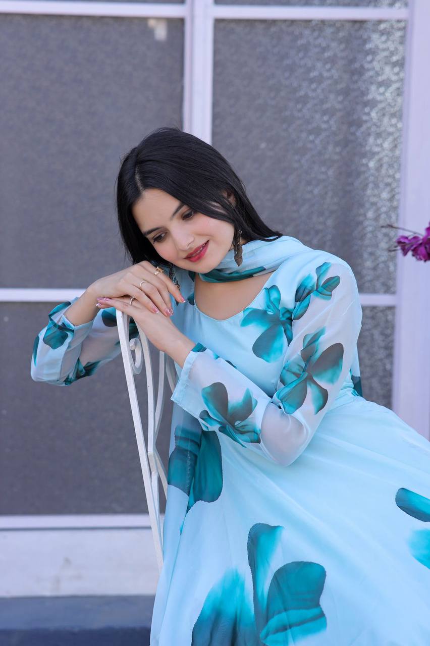 Occasion Wear Sky Blue Color Flower Print Gown