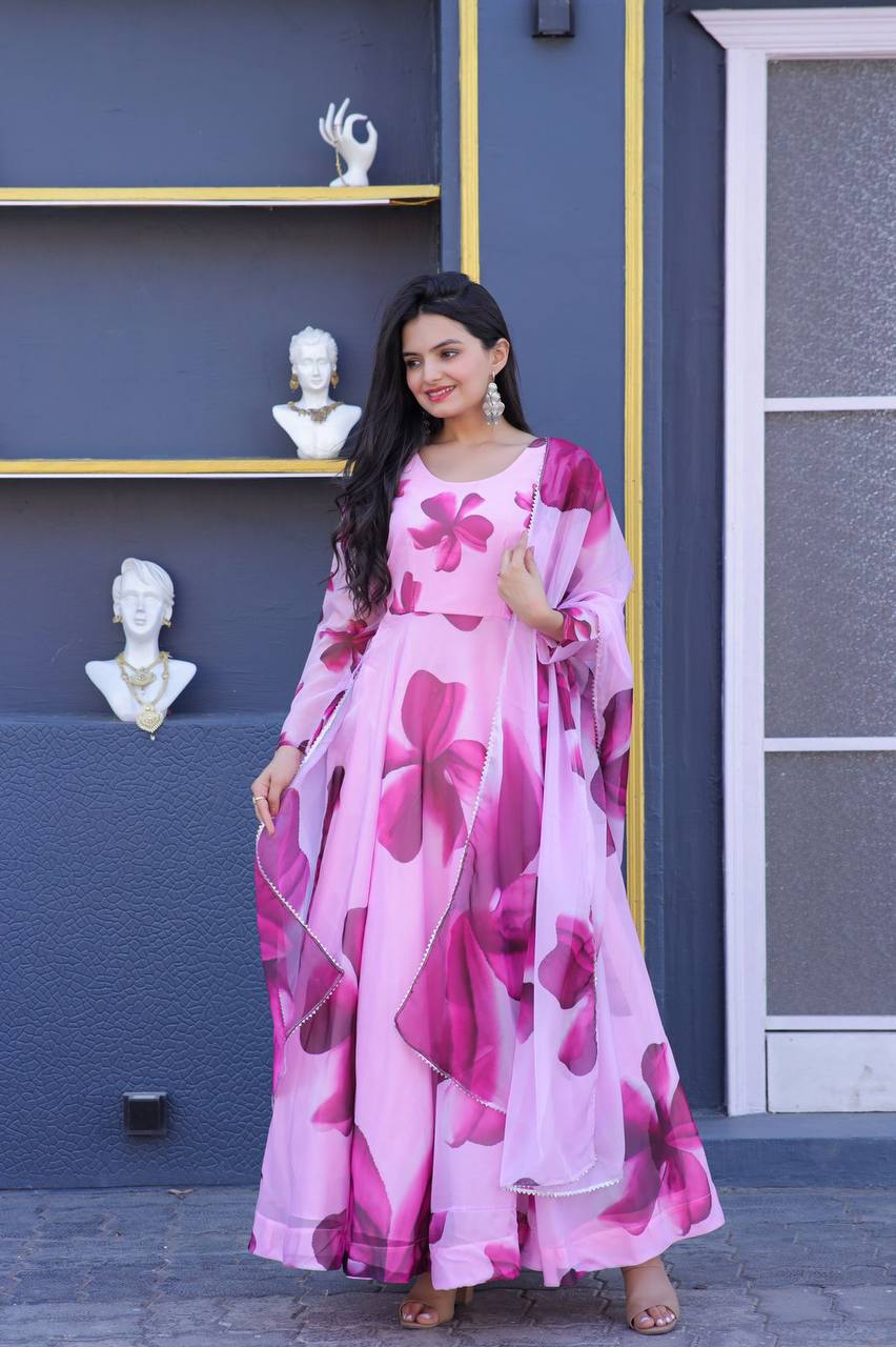 Occasion Wear Pink Color Flower Print Gown