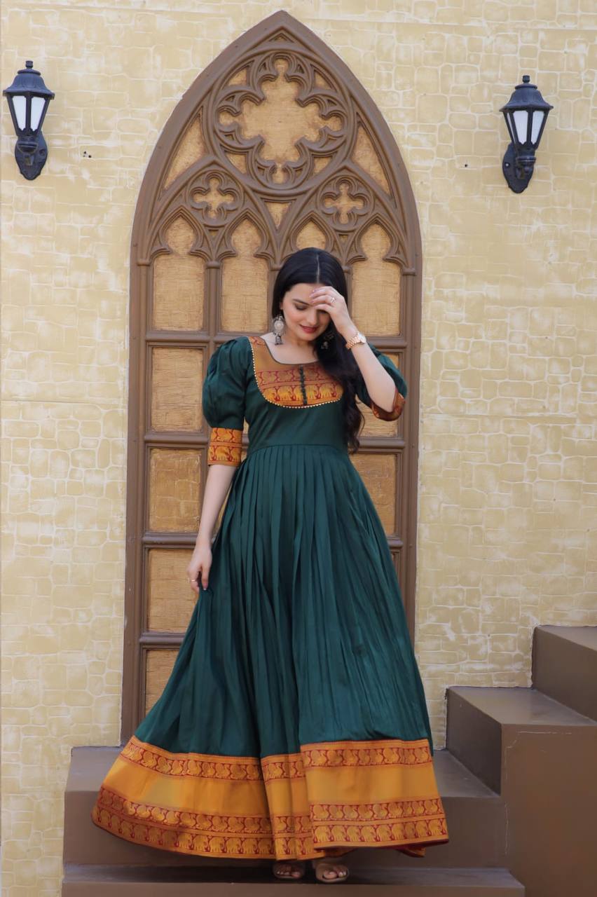 Fancy Round Neck Green Color Long Gown