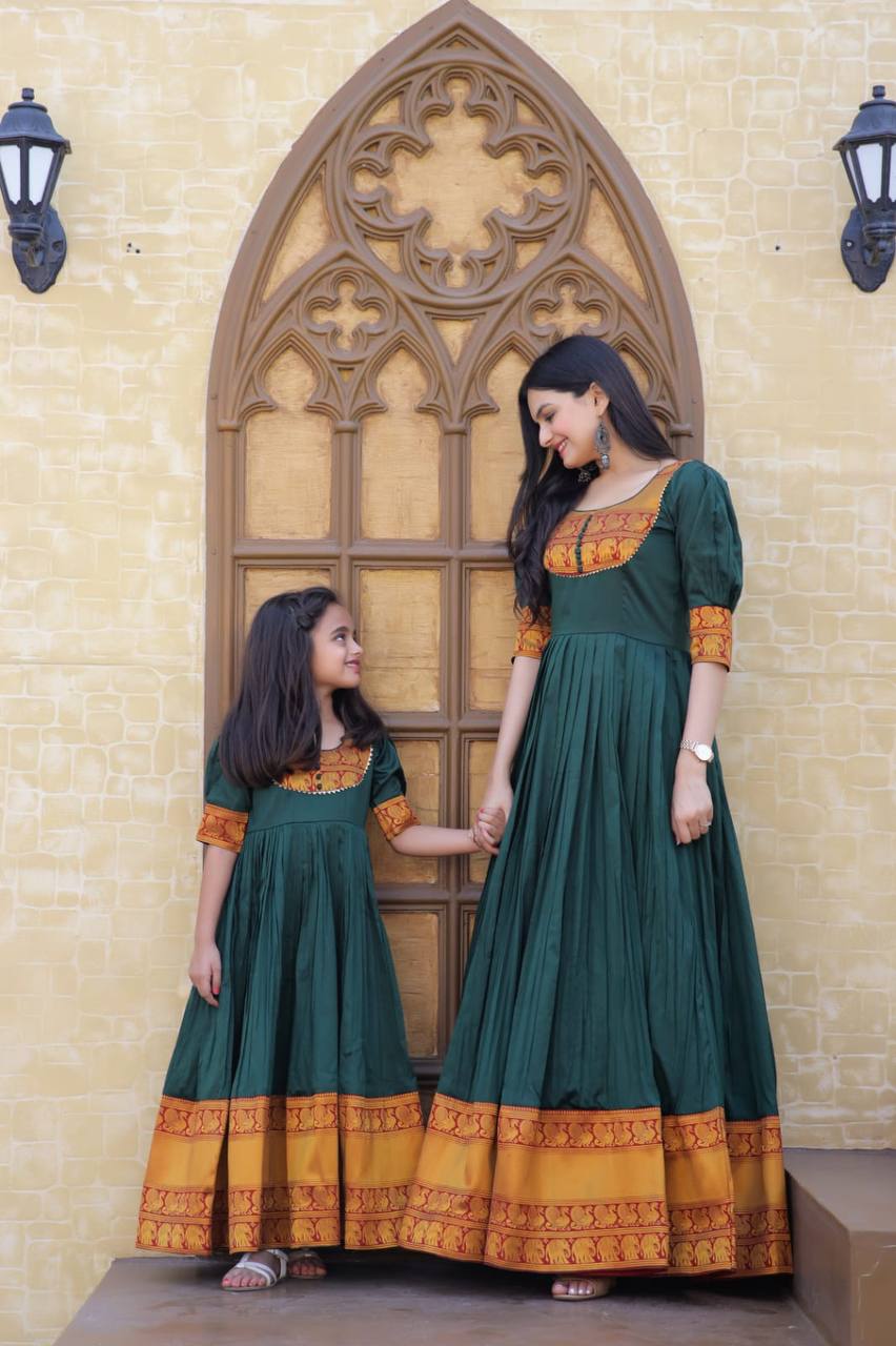 Mother-Daughter Green Color Beautiful Work Gown