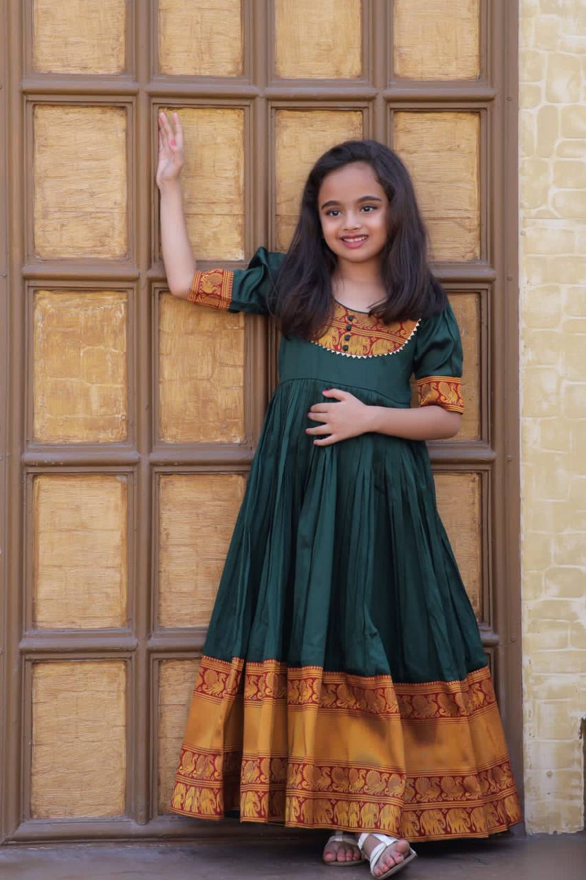 Fairy Look Jacquard Work Green Color Gown For Girls