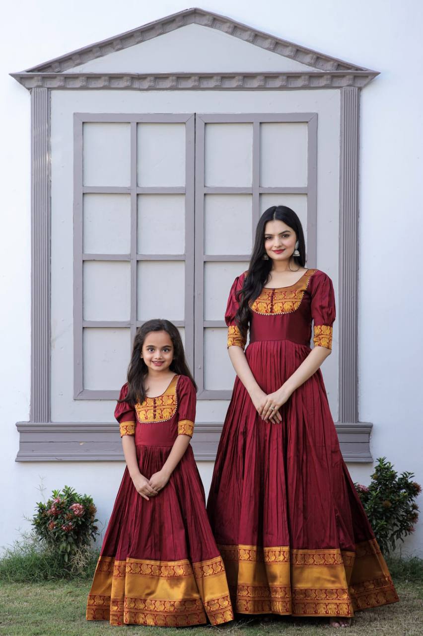 Mother-Daughter Maroon Color Beautiful Work Gown