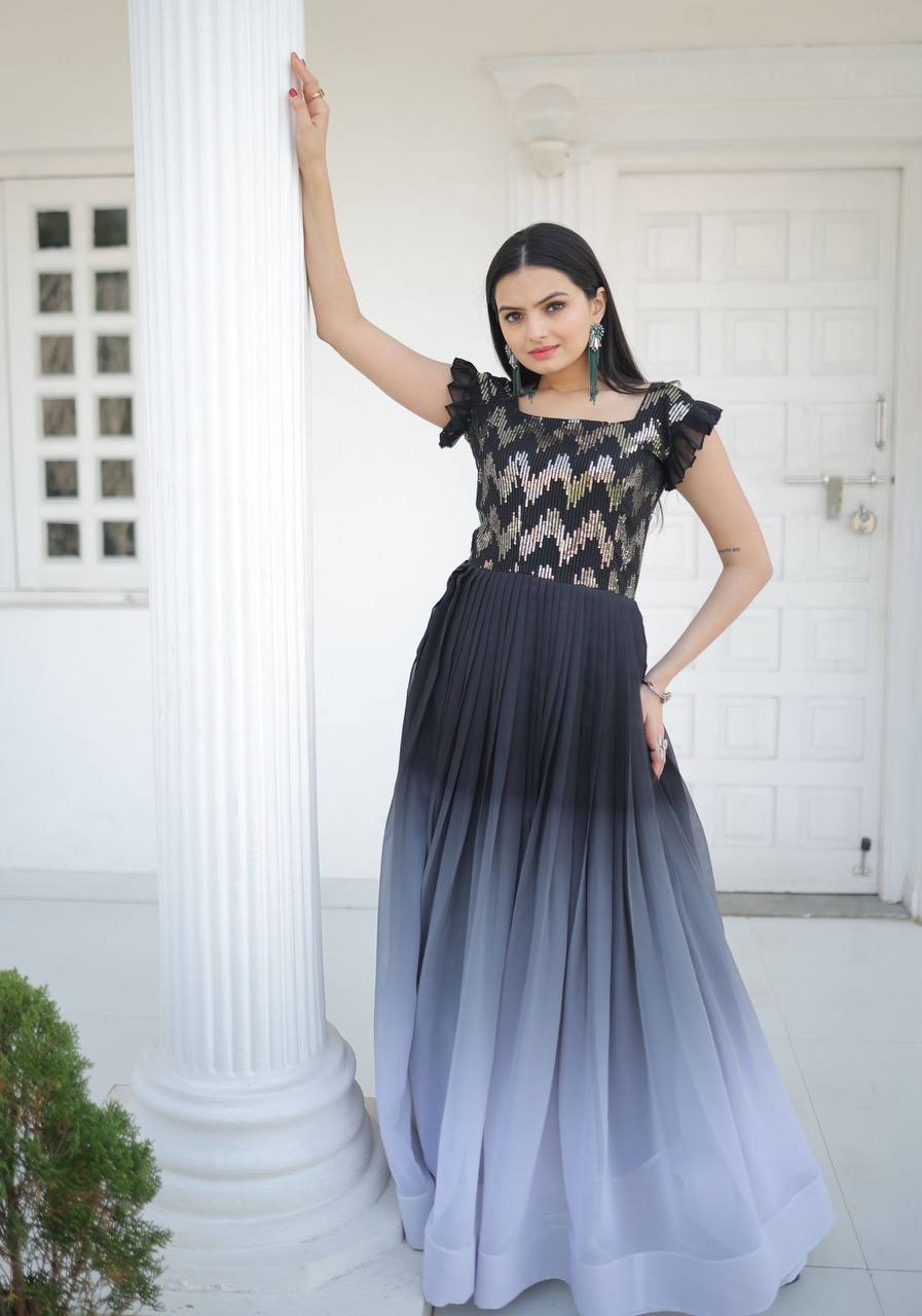 Digital Print Black Color Sequence Work Gown