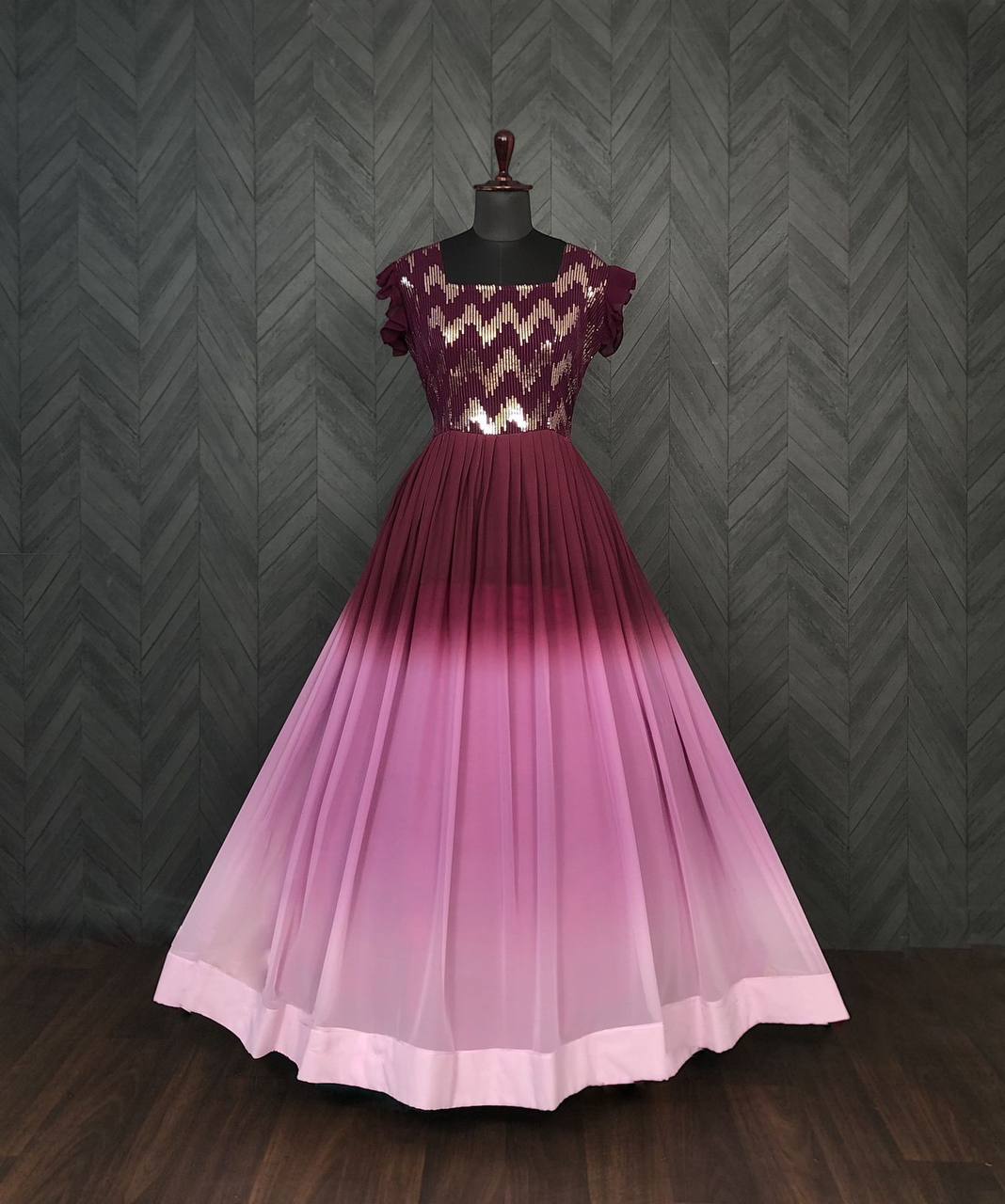 Digital Print Wine Color Sequence Work Gown