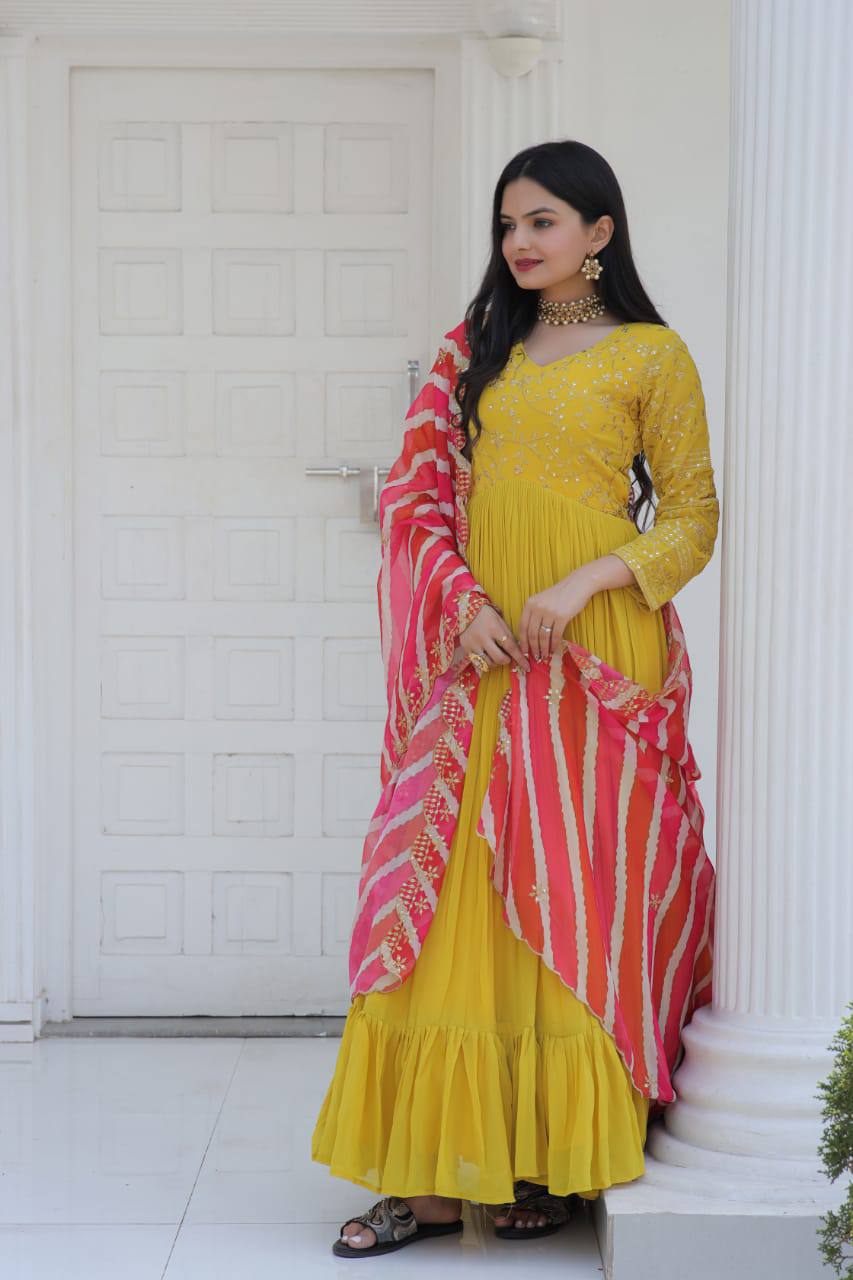 Occasion Wear Yellow Color Embroidered Work Gown