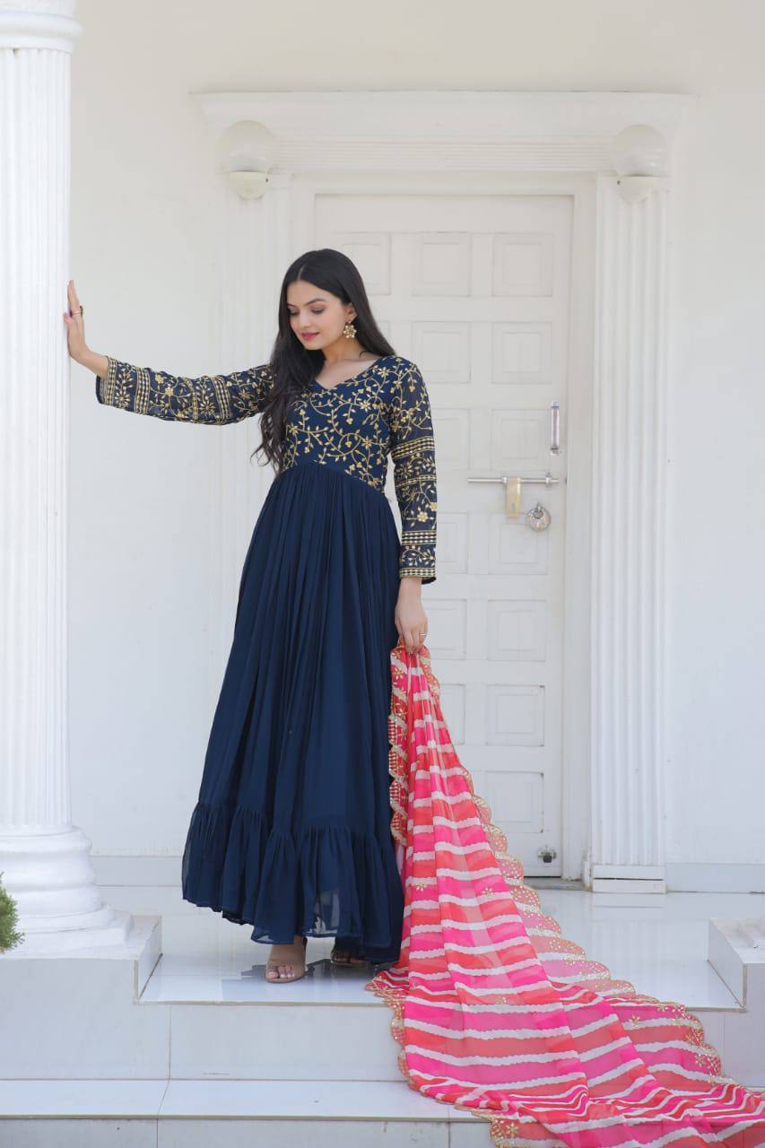 Occasion Wear Navy Blue Color Embroidered Work Gown