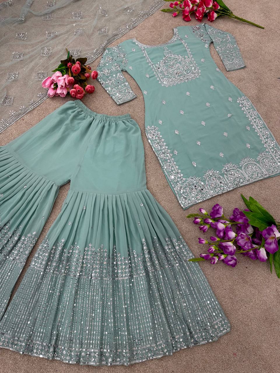Pista Green Color Embroidery Sequence Work  Sharara Suit