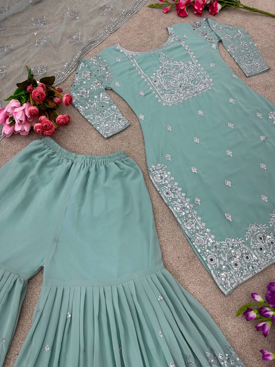Pista Green Color Embroidery Sequence Work  Sharara Suit