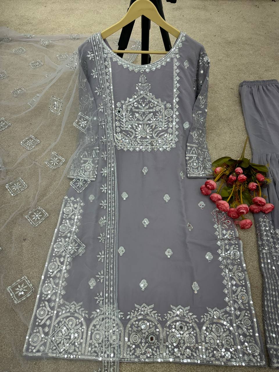 Gray Color Embroidery Sequence Work  Sharara Suit