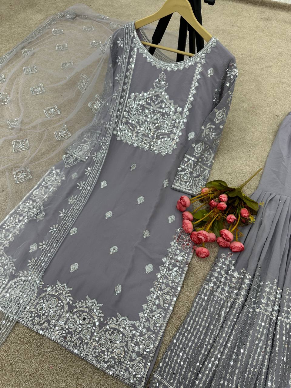 Gray Color Embroidery Sequence Work  Sharara Suit