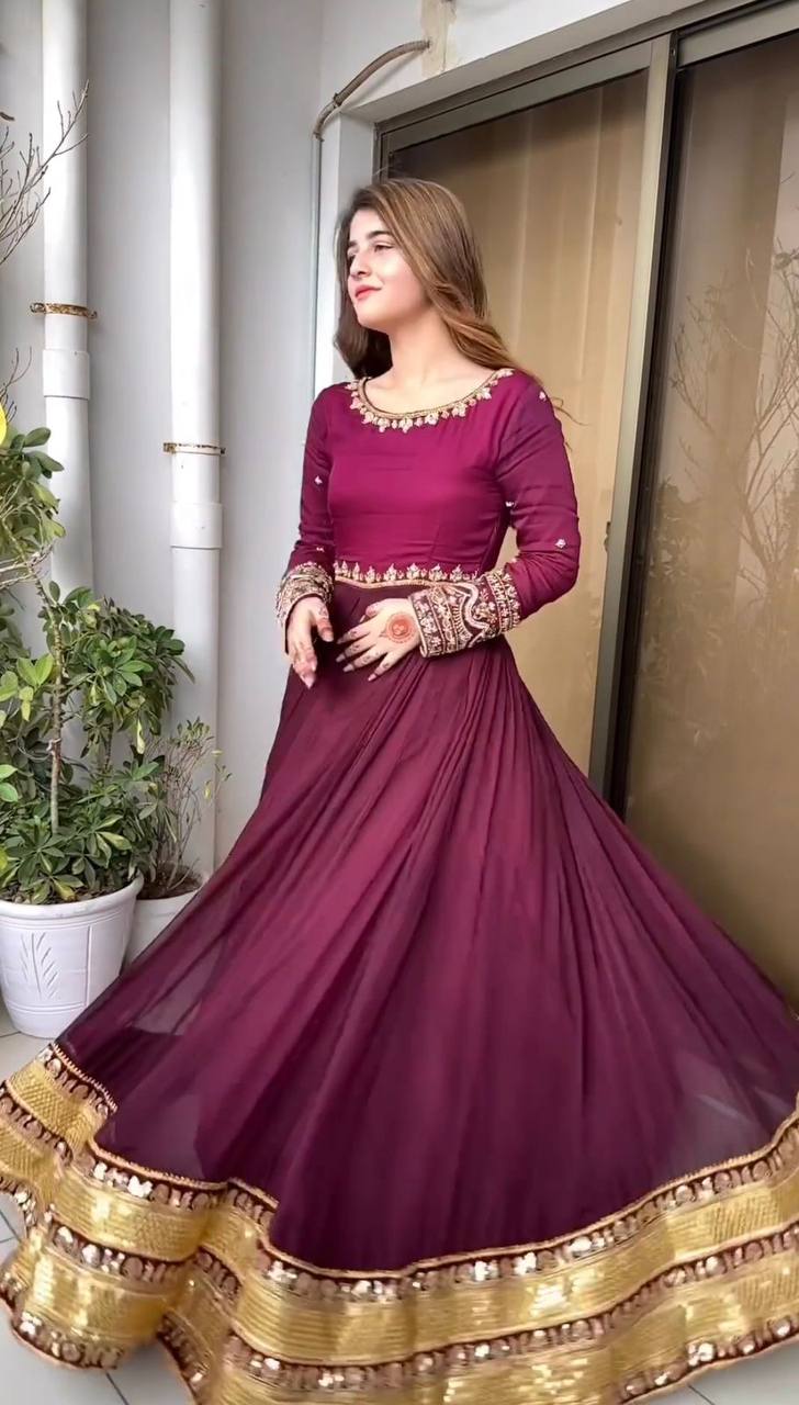 Georgette Wine Color Stylish Readymade Gown With Dupatta