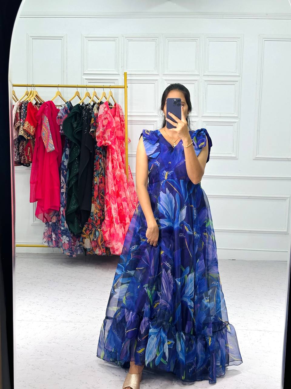 Digital Print Blue Color Organza Gown