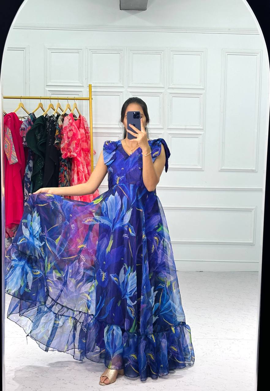 Digital Print Blue Color Organza Gown