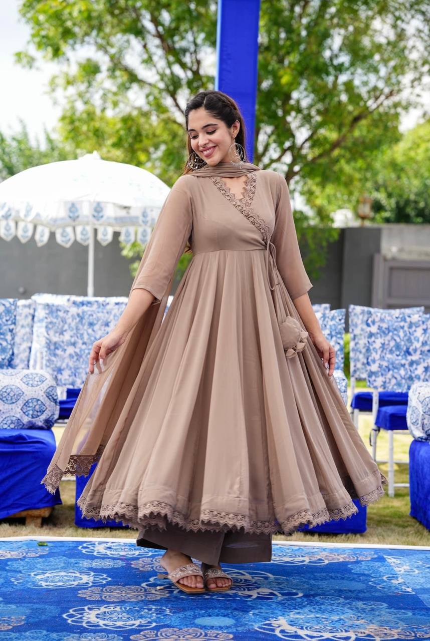 Beautiful Pattern Beige Color Long Anarkali Gown