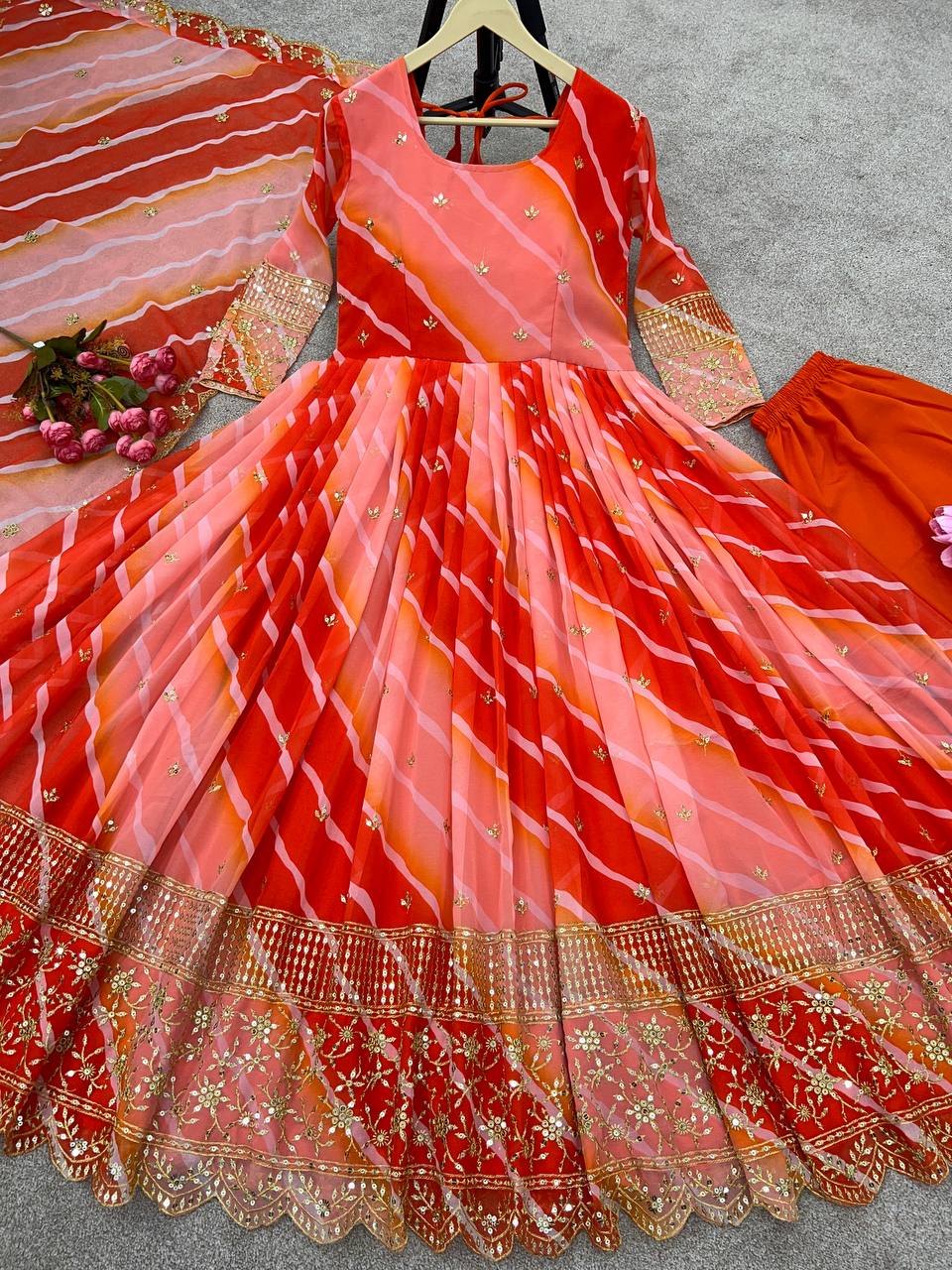 Georgette Digital print Orange Fully Stitched Gown