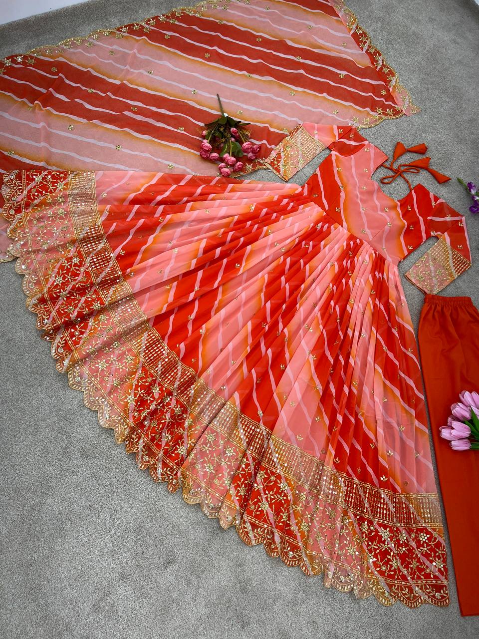 Georgette Digital print Orange Fully Stitched Gown