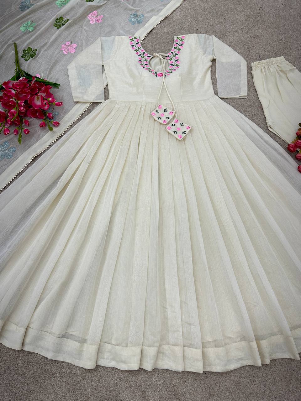 White Color Embroidery Work With Full Sleeve Anarkali Gown