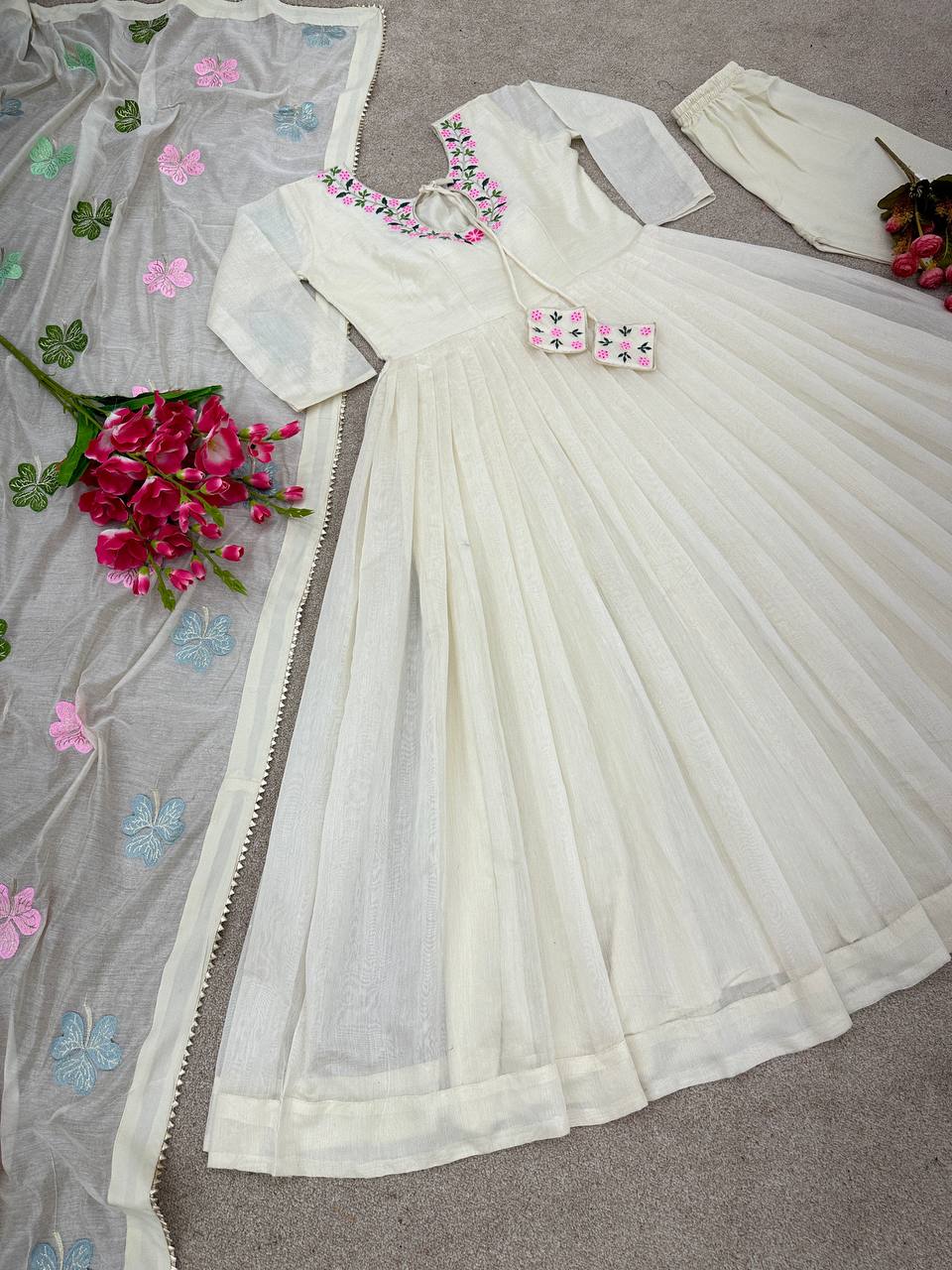 White Color Embroidery Work With Full Sleeve Anarkali Gown