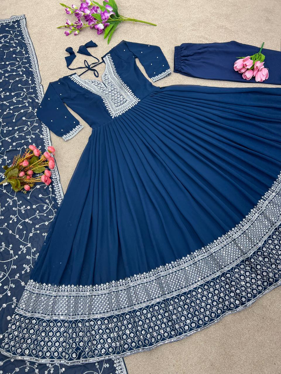 Ethnic Gowns | Blue Designer Heavy Gown For Party Wear Or Wedding Function  | Freeup