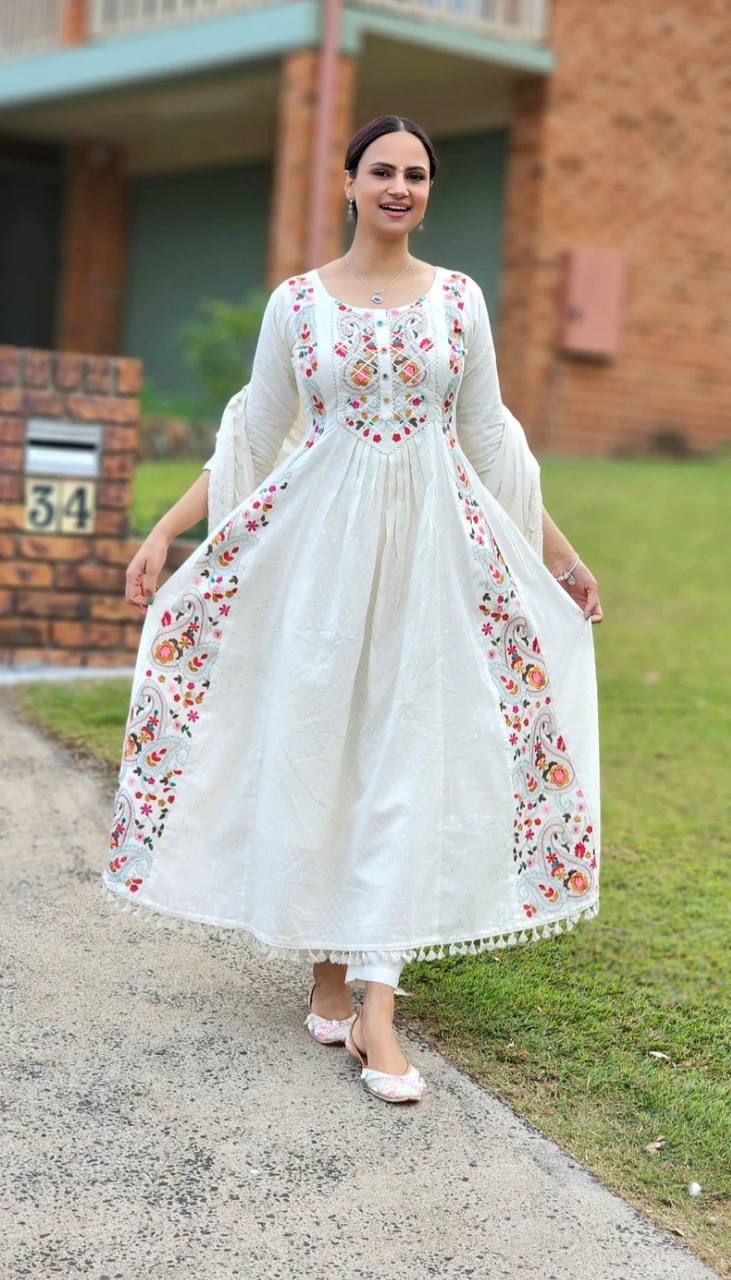 Festive Wear Full Sleeve White Color Anarkali Gown