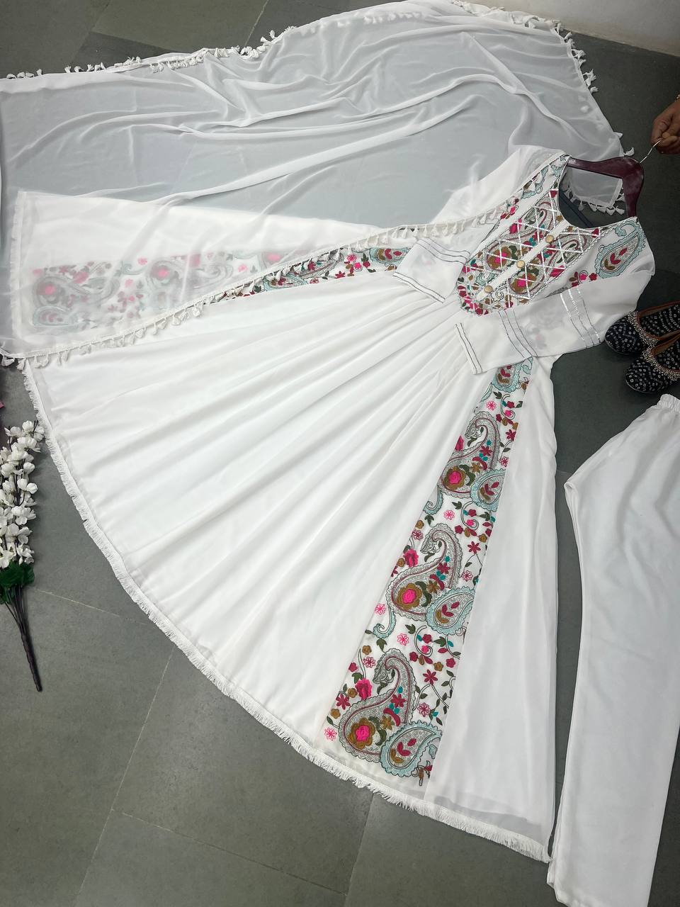 Festive Wear Full Sleeve White Color Anarkali Gown