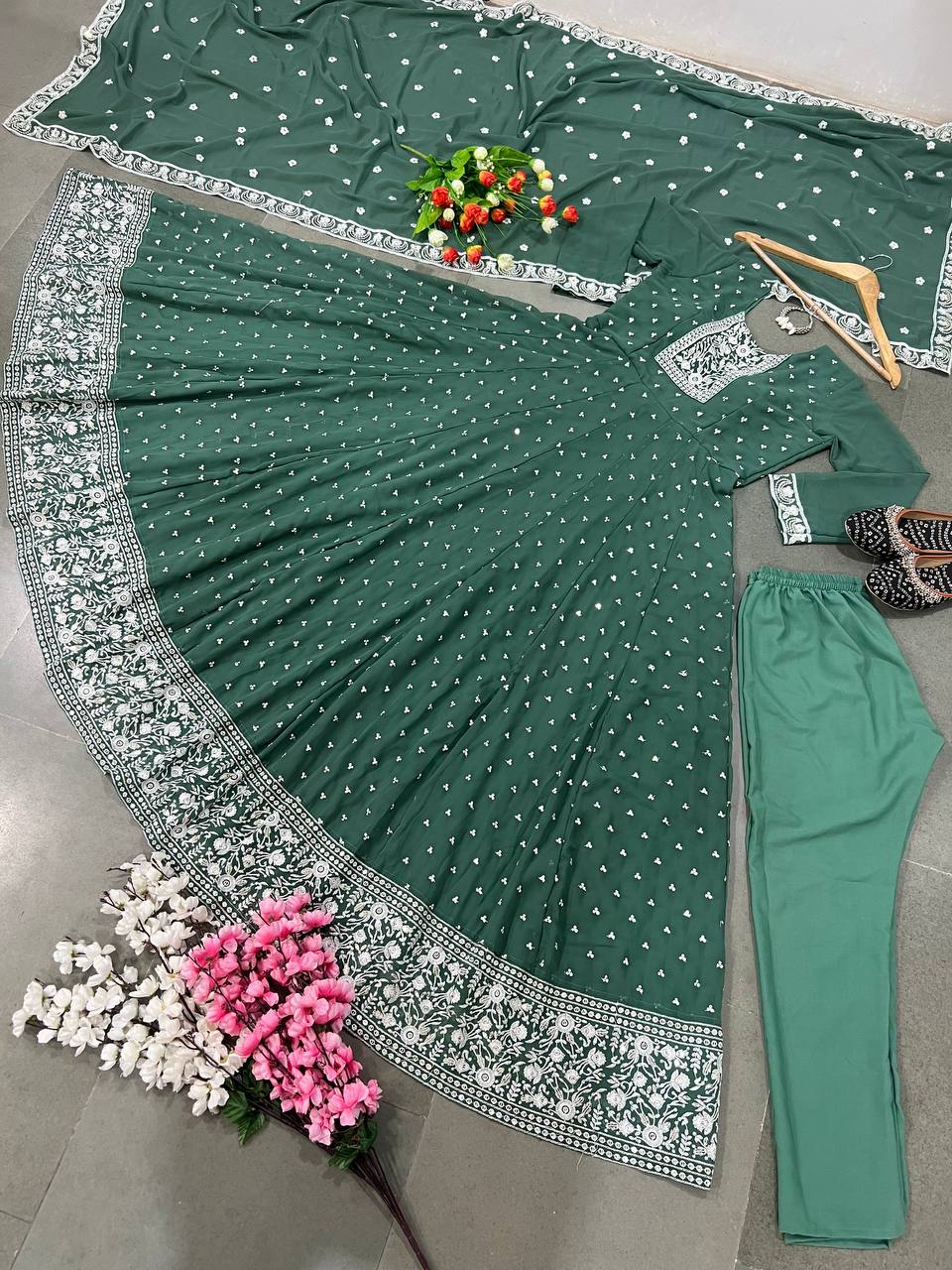 Aqua Green Color Embroidery Work Anarkali Gown